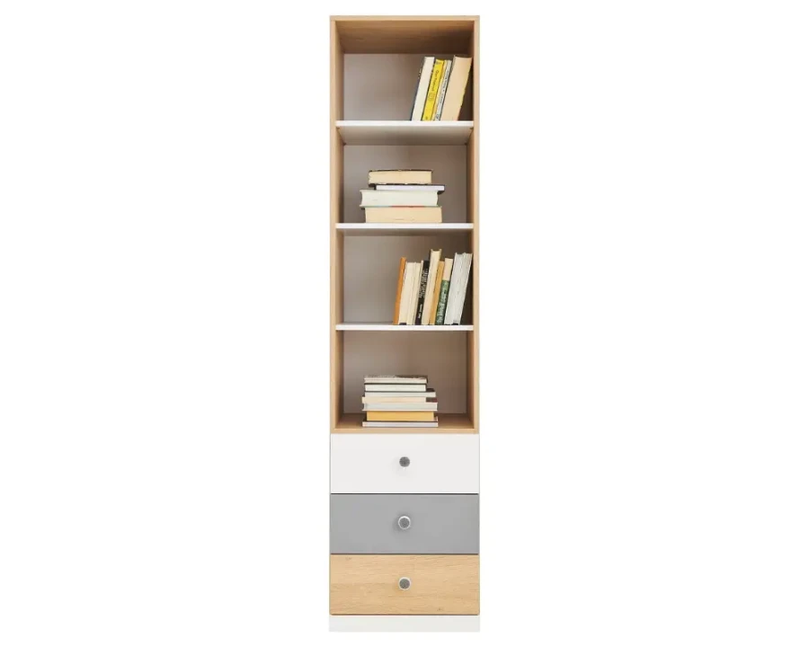 Hohes Bücherregal mit drei Schubladen in Weiß, Grau und Eiche-Optik.