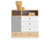 Breites Sideboard mit Tür und Schubladen in modernem Grau-Weiß-Holz-Mix.