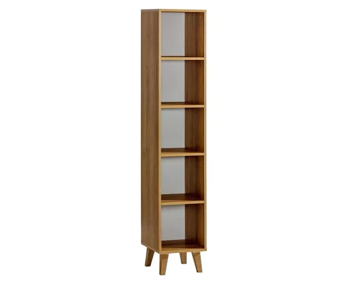 Schmales Standregal aus Holz mit 5 offenen Fächern und schrägen Holzfüßen, platzsparendes Bücherregal.