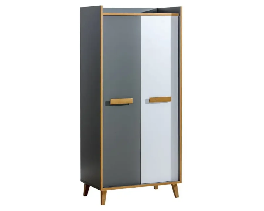 Moderner zweitüriger Kleiderschrank in Grau und Weiß mit skandinavischen Holzbeinen.