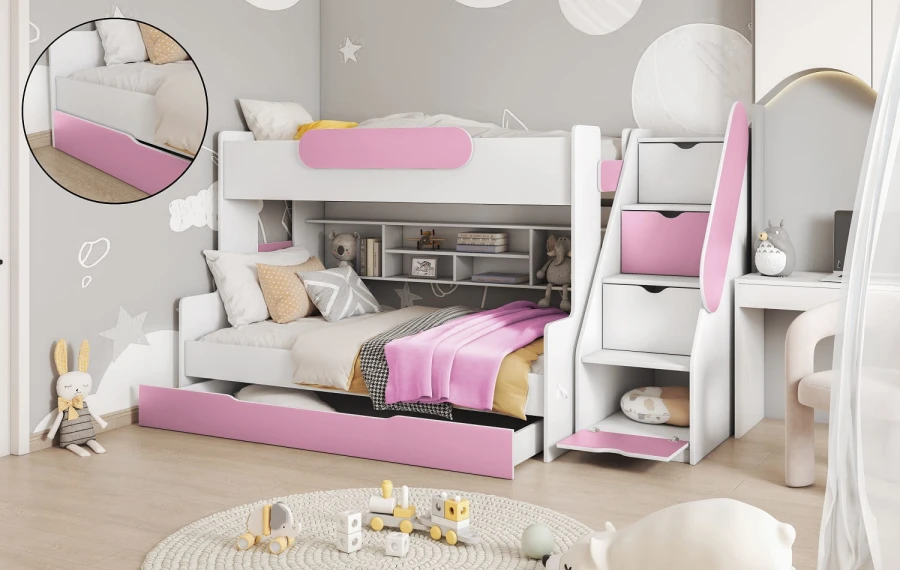 Mädchen-Etagenbett in Weiß und Rosa mit Treppe, Stauraumfächern und Ausziehbett.