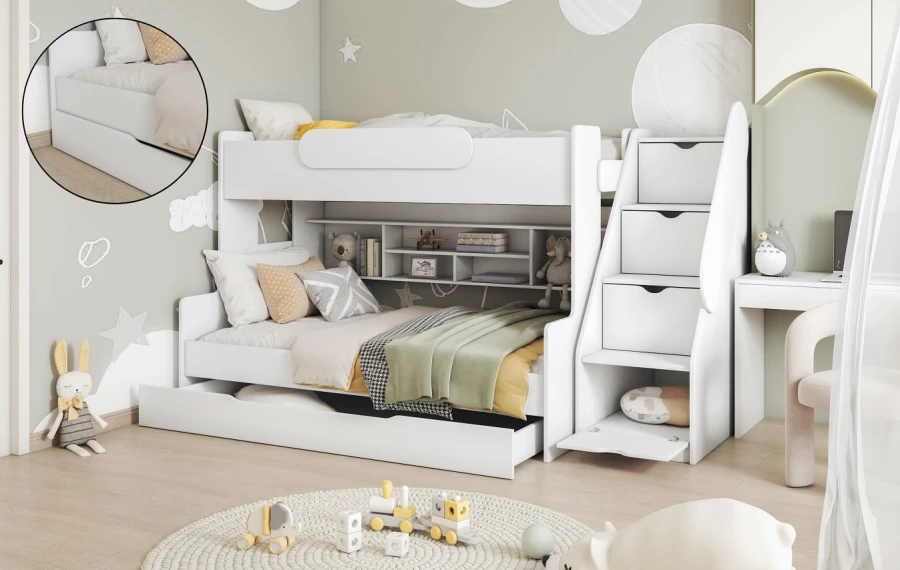 Wit functioneel stapelbed met trap, planken en een bedlade.