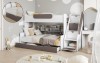 White bunk bed with grey accents, staircase and integrated shelf.