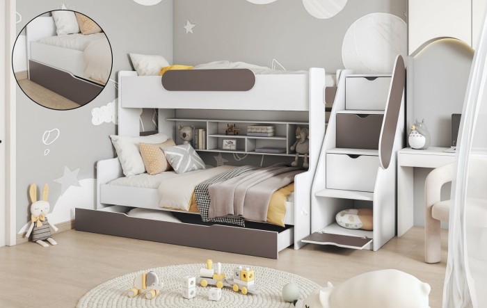 White bunk bed with grey accents, staircase and integrated shelf.