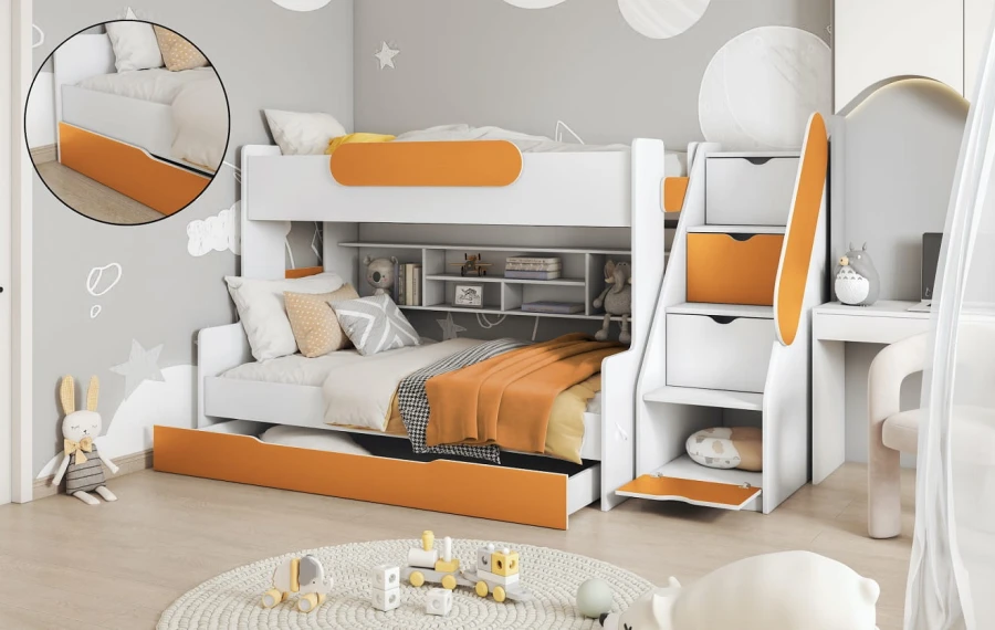 Kinderzimmer-Etagenbett in Weiß und Orange mit Treppe und Stauraumfunktionen.