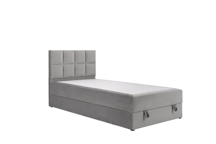 Graues Einzel-Polsterbett mit gestepptem Kopfteil in modernem Design.