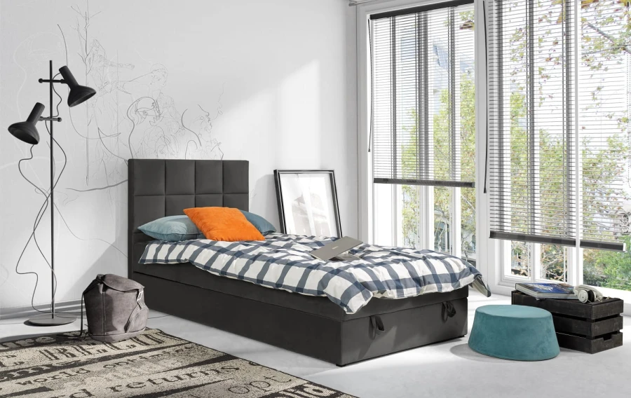 Modernes schwarzes Polsterbett Einzelbett mit Bettkasten und gepolstertem Kopfteil.
