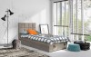 Beiges Polsterbett Einzelbett mit Bettkasten und modernem gestepptem Kopfteil.