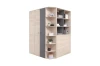 Corner wardrobe in oak-look and grey with integrated bookshelf for more storage space.