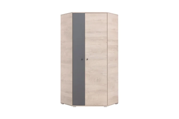 Kompakter Eckschrank in heller Holzoptik und Anthrazit, ideal für kleine Zimmer.