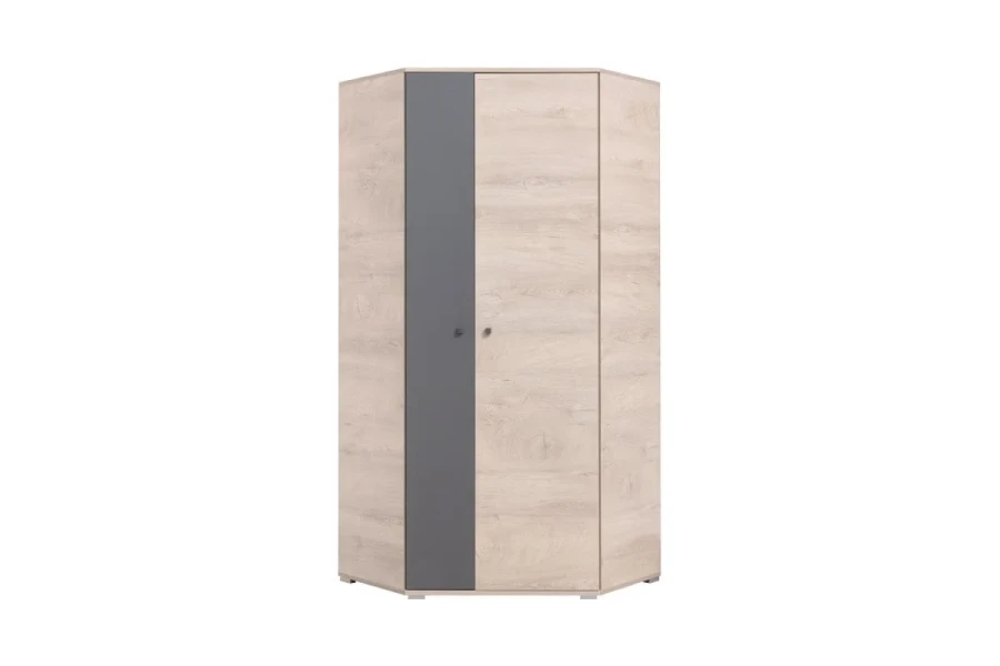 Compact corner wardrobe in light wood-look and anthracite, ideal for small rooms.