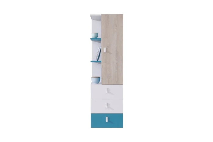 Bunter Kinderzimmerschrank in Weiß, Blau und Eiche mit Schubladen und Regalen.
