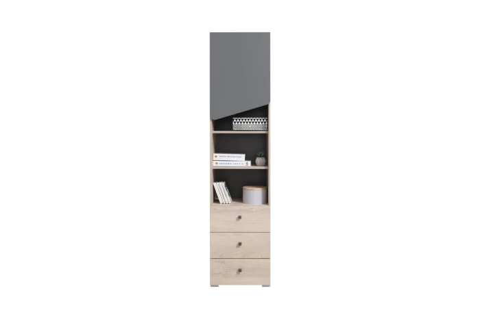 Modernes Hochschrank-Regal mit drei Schubladen und offenen Fächern in Eiche-Grau Design.