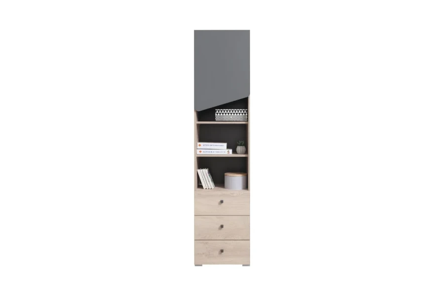 Modern tall shelf unit with three drawers and open compartments in oak-grey design.