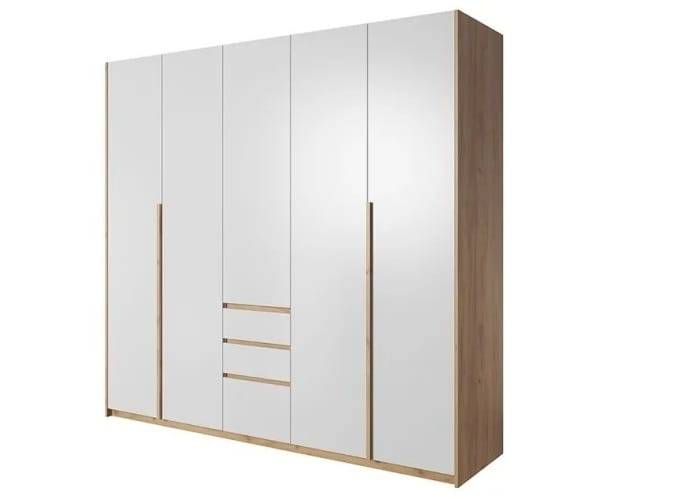 Großer Kleiderschrank in Weiß mit Holzoptik-Details und drei Schubladen in der Mitte.