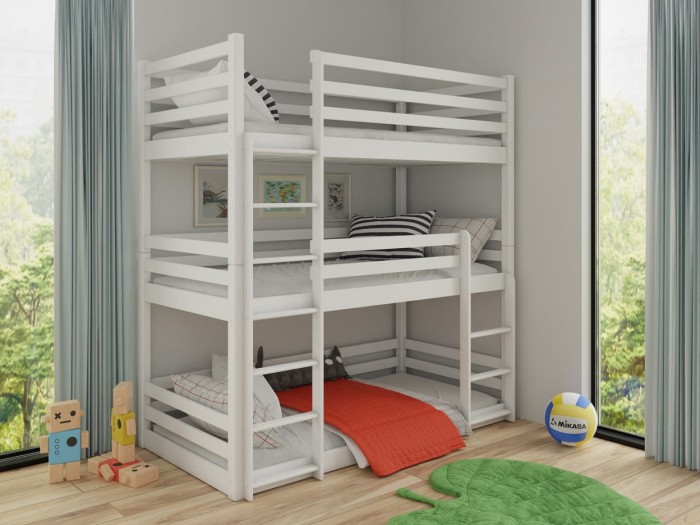 Modernes Dreier-Etagenbett in Weiß für Kinder, platzsparende Schlaflösung aus Massivholz.