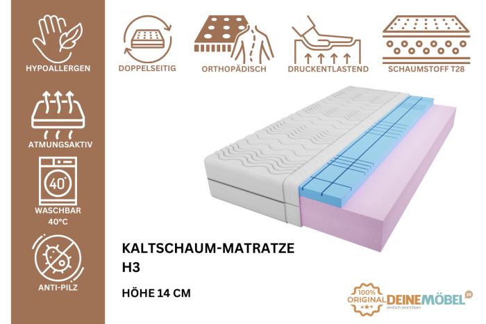 Kaltschaummatratze H3 Kaltschaum-Matratze mit Würfelschnitt 14 cm