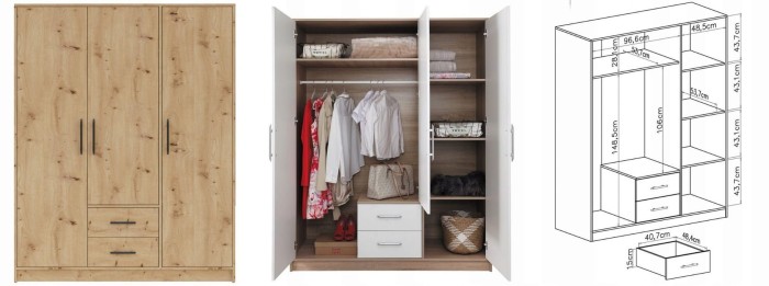 Dreitüriger Kleiderschrank in Eiche-Optik mit Maßen und praktischer Inneneinteilung für das Schlafzimmer.