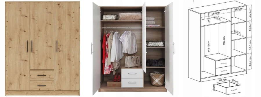 Dreitüriger Kleiderschrank in Eiche-Optik mit Maßen und praktischer Inneneinteilung für das Schlafzimmer.