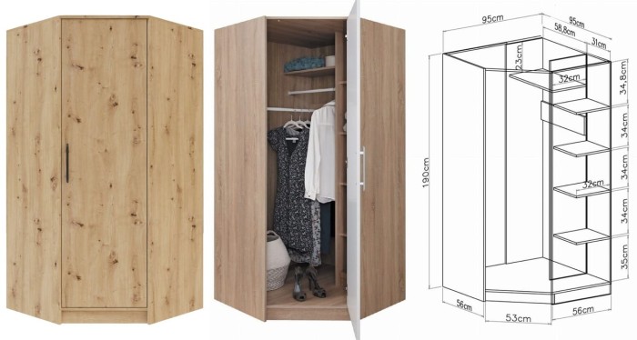 Funktionaler Eckkleiderschrank in Eiche-Optik mit Maßen und praktischen Regalfächern für mehr Stauraum.