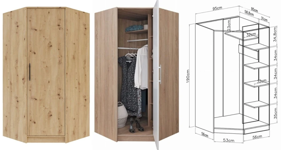 Funktionaler Eckkleiderschrank in Eiche-Optik mit Maßen und praktischen Regalfächern für mehr Stauraum.