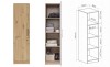 Schmaler Mehrzweckschrank in Eiche: Außenansicht, Innenfächer und Maße im Überblick.