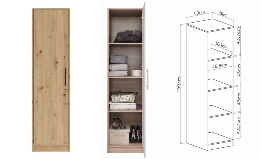 Schmaler Mehrzweckschrank in Eiche: Außenansicht, Innenfächer und Maße im Überblick.