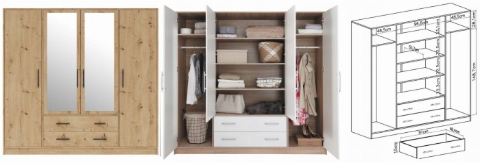 Kleiderschrank 4-türig Garderobe Garderobensystem SAM SR1 Artisan mit Spiegel