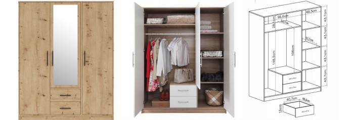 Dreitüriger Kleiderschrank in Eiche-Optik mit Spiegel, Innenaufteilung und Maßzeichnung.