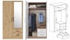 Kleiderschrank in Eiche-Optik mit Spiegel, Innenausstattung und Maßangaben in der Übersicht.