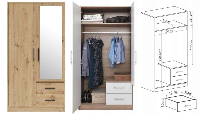 Kleiderschrank 2-türig Garderobe Garderobensystem SAM SR3 Artisan mit Spiegel