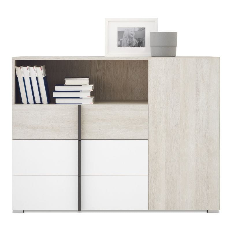 Sideboard mit Schubladen in Weiß und Eiche sowie offenem Fach.