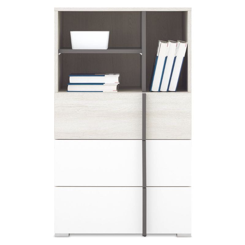 Modernes Highboard in Eiche-Optik und Weiß mit offenen Regalfächern und Schubladen.