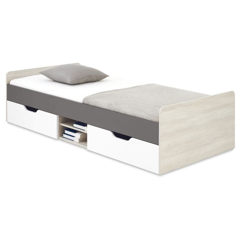Funktionales Einzelbett mit Bettkasten-Schubladen in Weiß, Grau und Eiche.