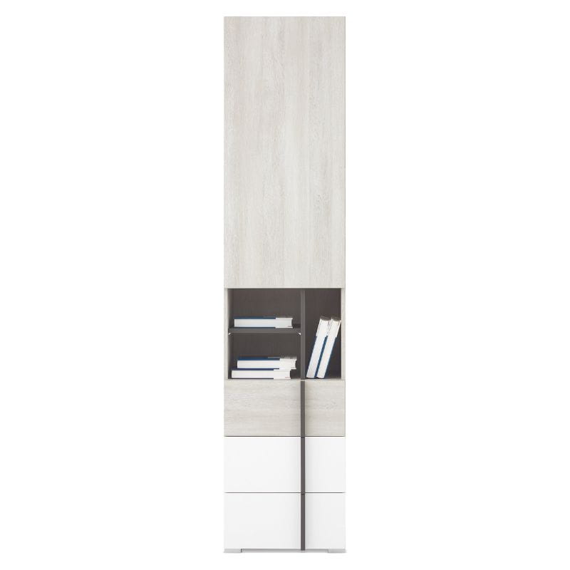 Schmaler Hochschrank mit Türen und offenem Fach in Weiß, Grau und Eiche-Optik.