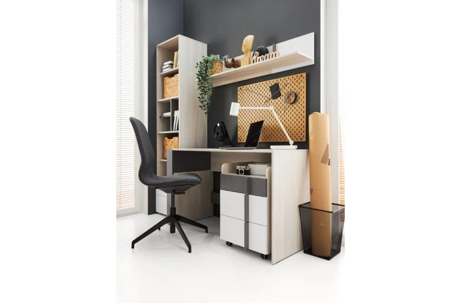 Funktionaler Schreibtisch mit Rollcontainer und Wandregal für ein geordnetes Jugendzimmer.