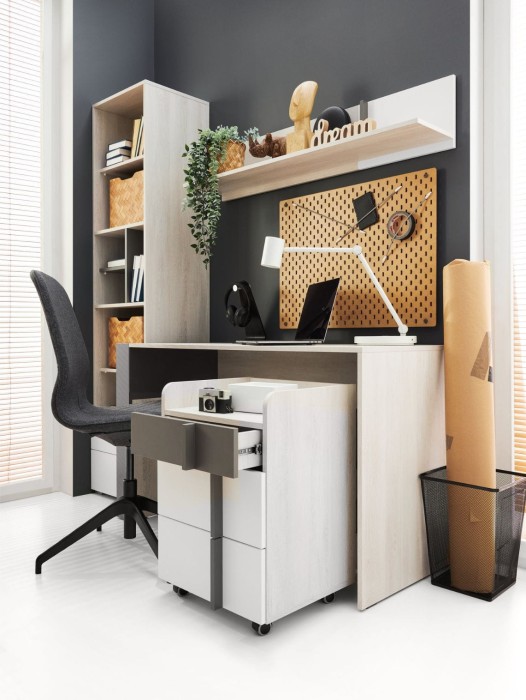 Moderner Schreibtisch mit Rollcontainer und Regal in Eiche-Nachbildung und Grau.