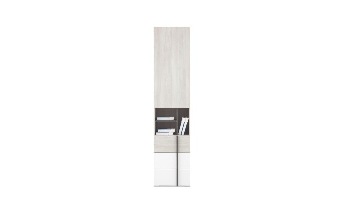 Schmaler Hochschrank in Eiche-Optik und Weiß mit offenem Bücherfach und Schubladen.