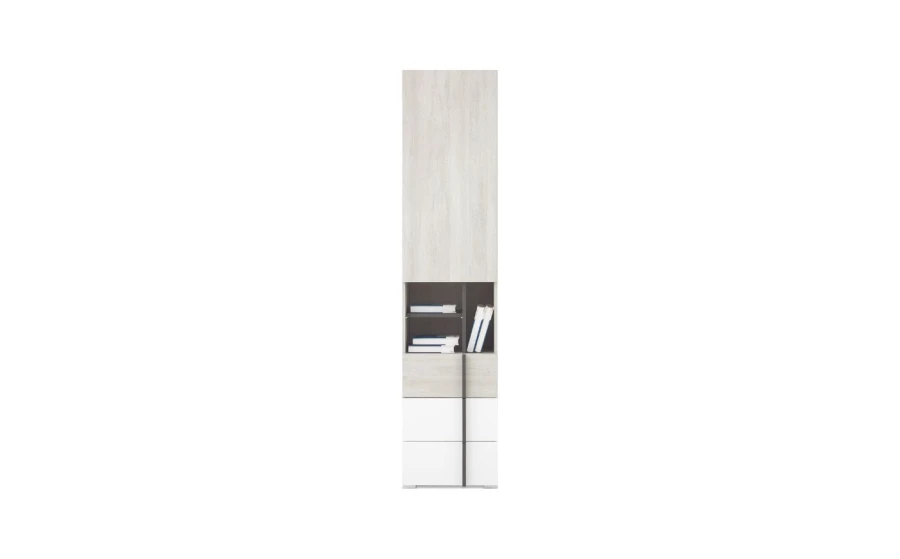 Schmaler Hochschrank in Eiche-Optik und Weiß mit offenem Bücherfach und Schubladen.