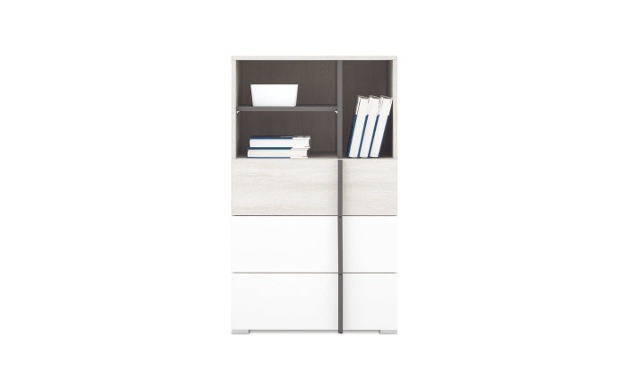 Highboard in Eiche-Optik und Weiß mit offenem Oberfach für Bücher und Dekoration.