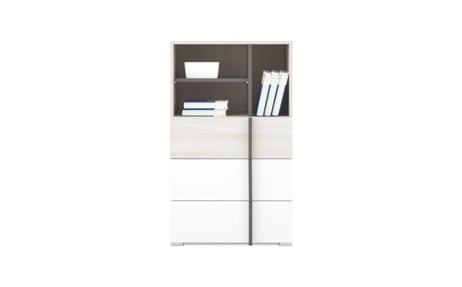 Highboard in eiken-look en wit met open bovenvak voor boeken en decoratie.