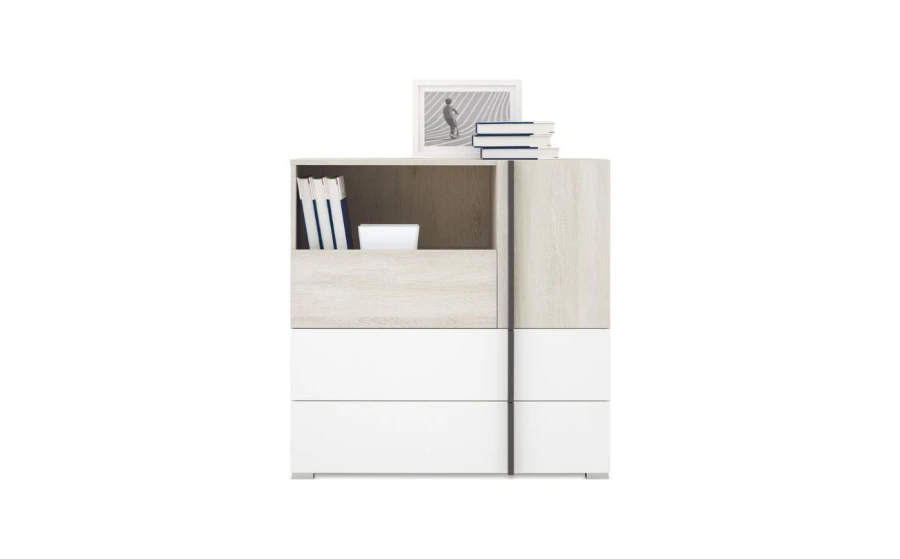 Breites Sideboard in Eiche-Optik und Weiß mit dekorativem Bücherfach und Schubladen.