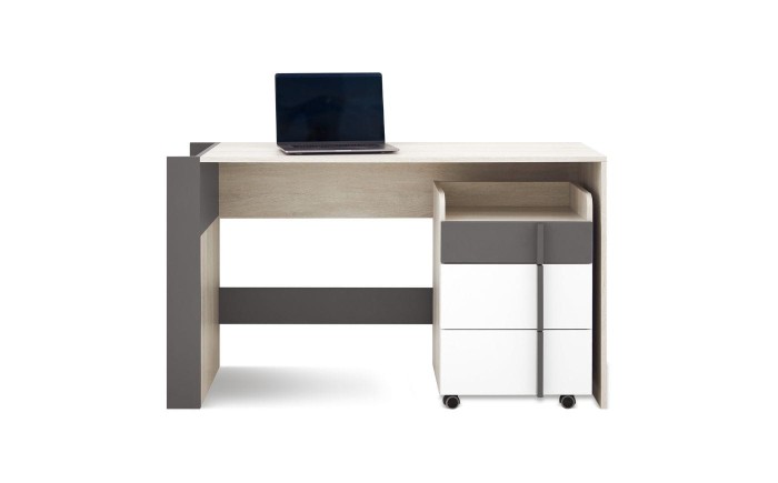 Moderner Schreibtisch in Eiche und Grau mit Rollcontainer für das Home Office.