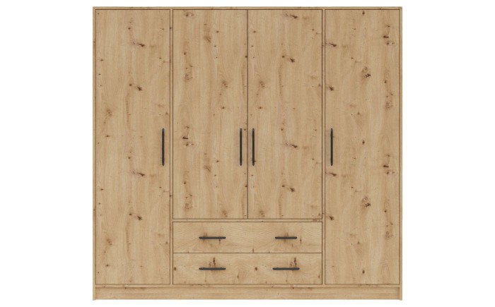 Großer 4-türiger Kleiderschrank in Eiche-Optik mit zwei Schubladen und schwarzen Griffen.
