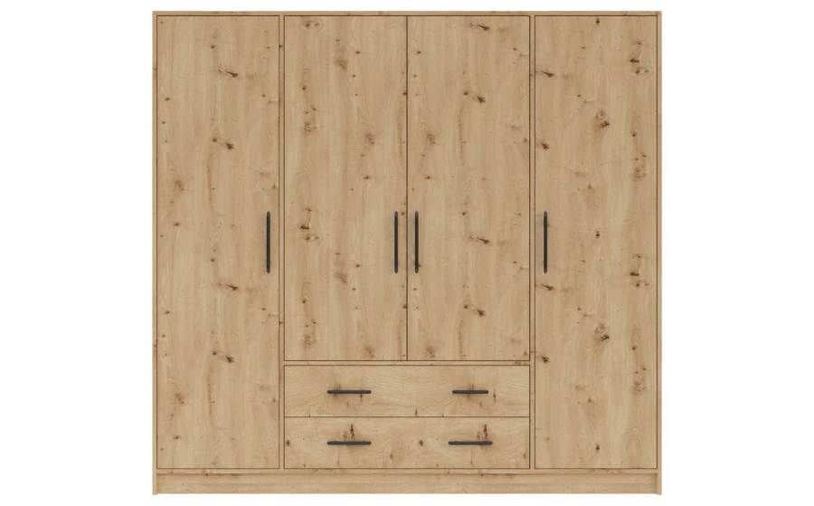 Großer 4-türiger Kleiderschrank in Eiche-Optik mit zwei Schubladen und schwarzen Griffen.