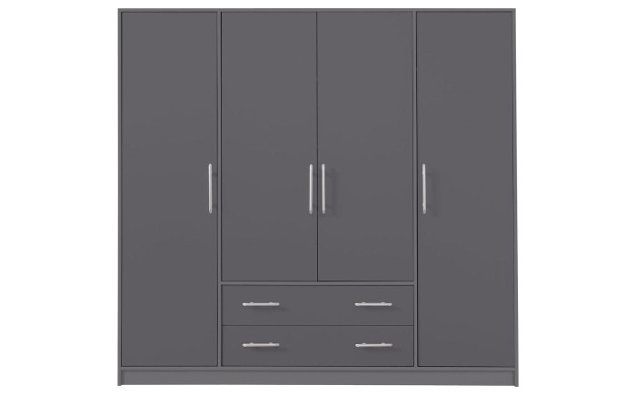 Moderner grauer Kleiderschrank mit 4 Türen und 2 Schubladen, stilvolles Design fürs Schlafzimmer.