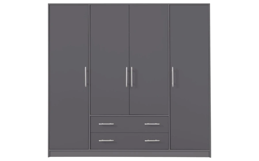 Moderner grauer Kleiderschrank mit 4 Türen und 2 Schubladen, stilvolles Design fürs Schlafzimmer.