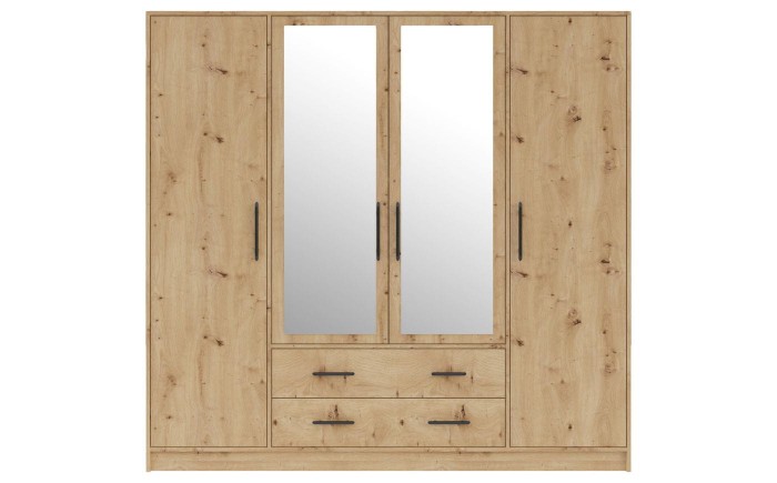 4-türiger Kleiderschrank in Eiche-Dekor mit zwei großen Spiegeltüren und praktischen Schubladen.