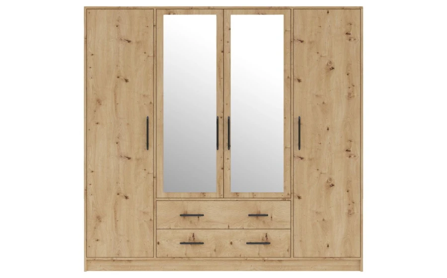 4-deurs kledingkast in eiken decor met twee grote spiegeldeuren en praktische lades.