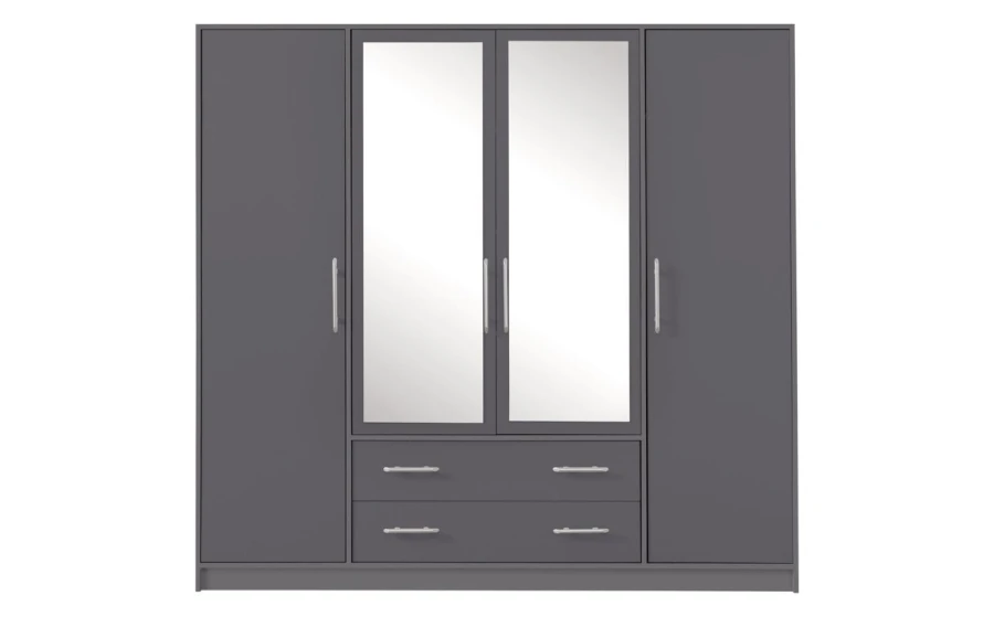 Stilvoller Kleiderschrank in Grau mit 4 Türen, davon 2 mit Spiegel, und zwei Schubladen.
